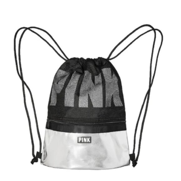 Pink Victoria\'s Secret‎ - Drawstring Backpack Black & Metallic Silver 5205 main image 6